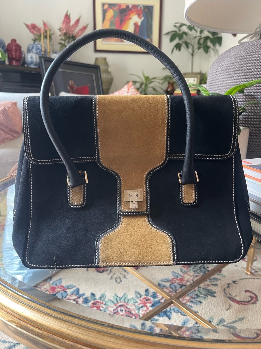 Lambertson Truex Black Tan Suede Leather Structured Satchel Made in Italy
